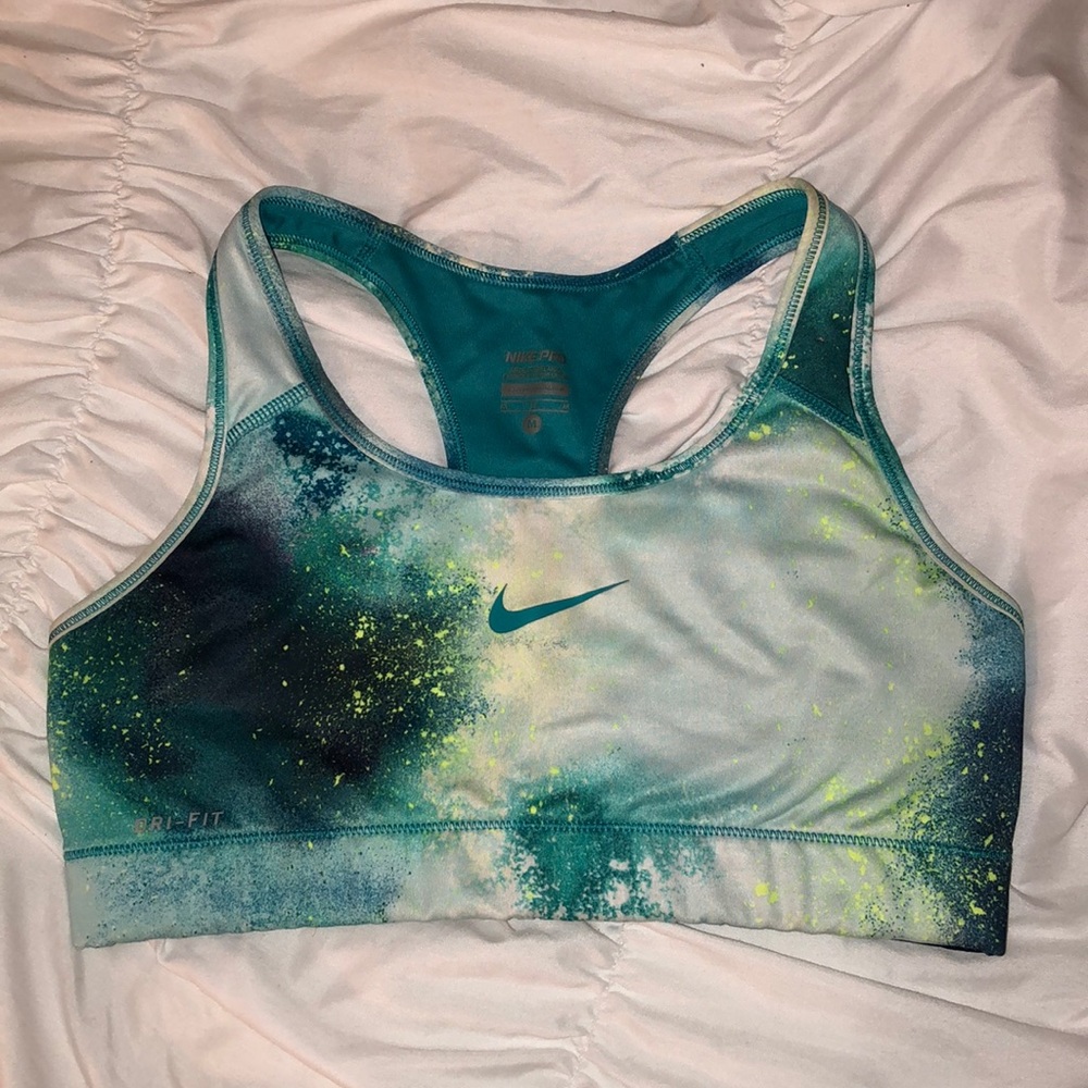 Blue and Neon Yellow Patterned Nike Sports Bra